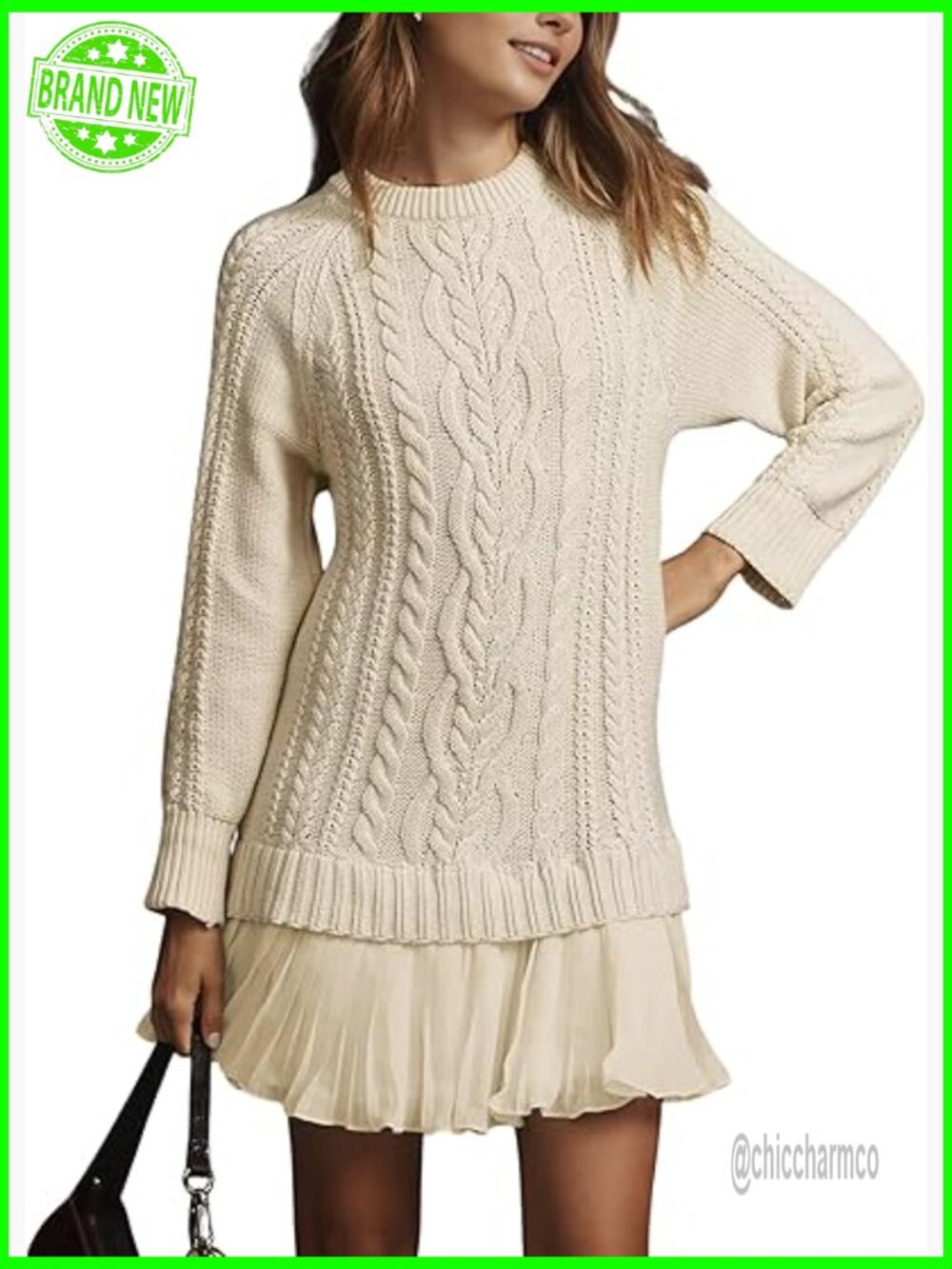 Women Cable Knit Sweater Dress Crewneck Long Sleeve Pleated Mini Twofer Style - Picture 1 of 7